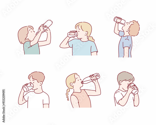 Diverse kids drinking water, and milk from glass bottles and cups. Hand drawn style vector design illustrations.