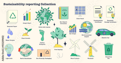 Sustainability reporting to reduce CO2 tiny person neubrutalism collection. Labeled environmental and ecological elements vector illustration. Climate change awareness and green business governance.