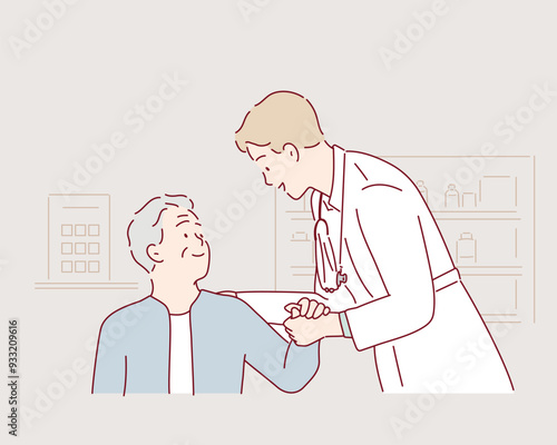 Health worker holding patient's hand. a senior man holding hands with a doctor. Hand drawn style vector design illustrations.