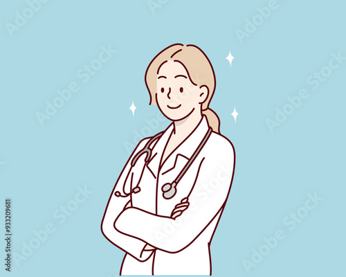 Confident female doctor with arms crossed over. Hand drawn style vector design illustrations.