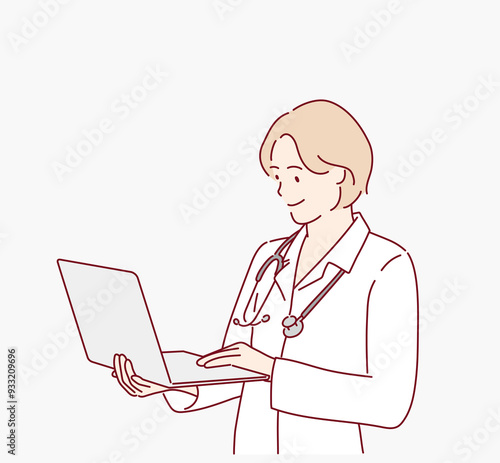 Happy female doctor in lab coat holding an open laptop, ready for online medical consultation. Hand drawn style vector design illustrations.