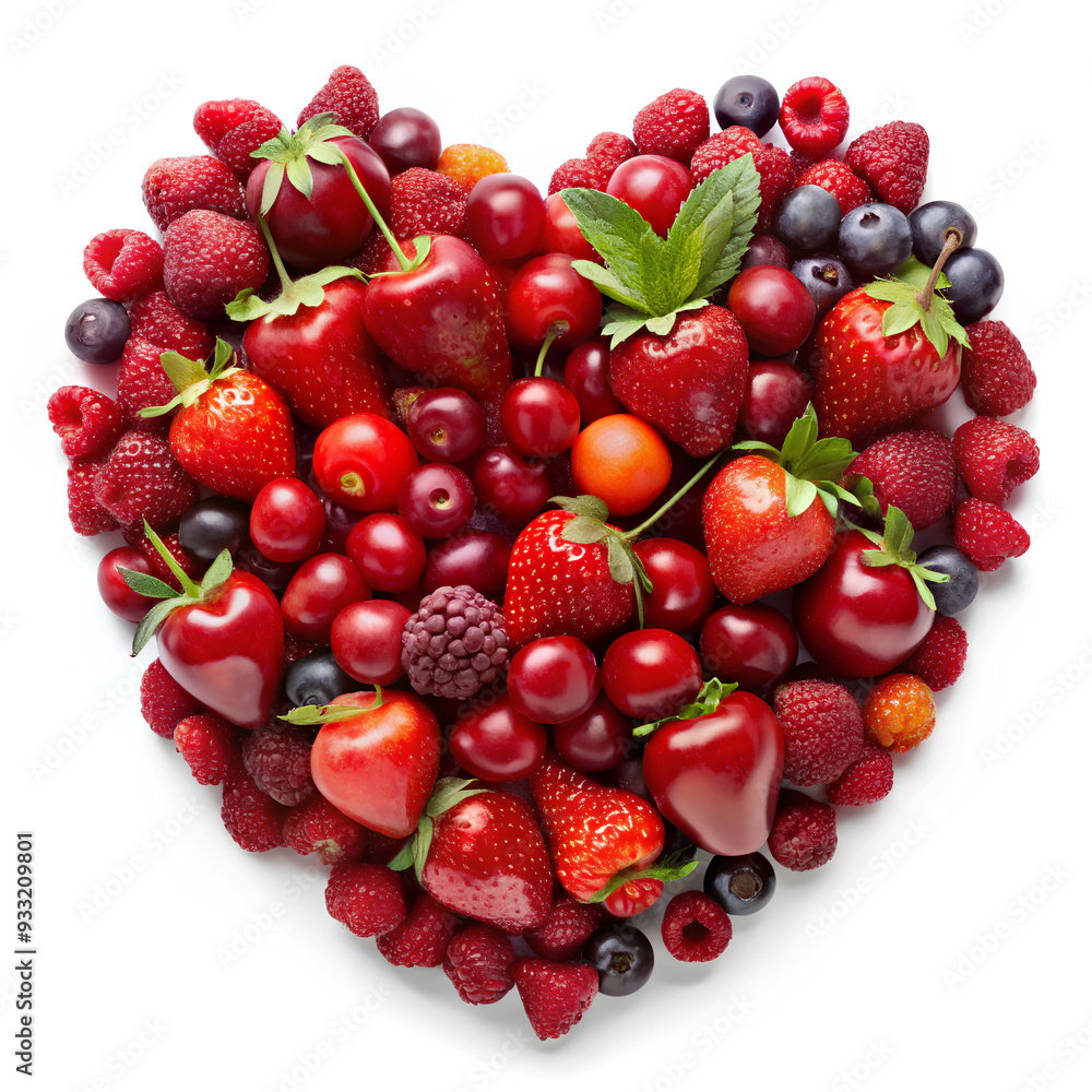 Fototapeta premium Mix Red Fruits in Heart shape isolated on white background, Clipping path