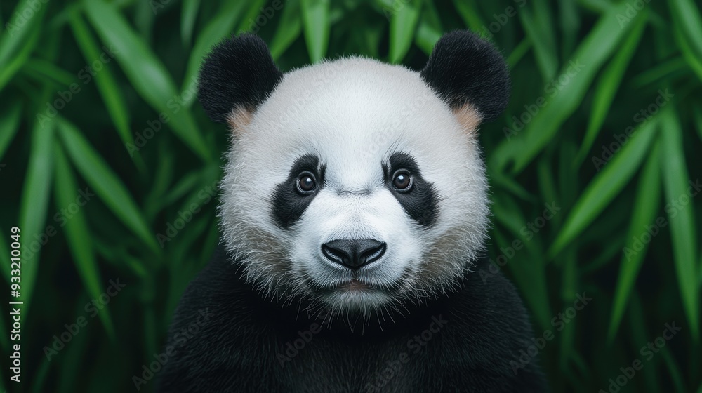 Obraz premium Majestic Panda Bear in Sapphire Bamboo Forest - 8K High Detail Image with Copy Space for Text