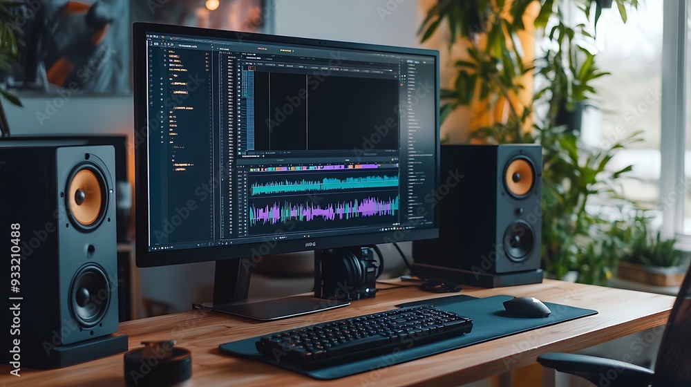 A clean wooden desk with a computer monitor, keyboard, mouse, speakers, and headphones. A clean wooden desk with a computer monitor, keyboard, mouse, speakers, and headphones.