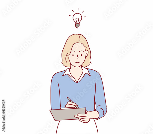 woman hold check-list think start-up strategy plan. Hand drawn style vector design illustrations.