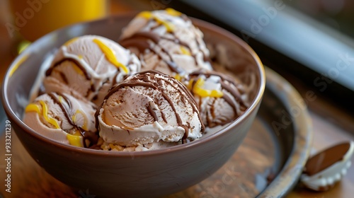 Delectable ice cream scoops served in a lovely bowl with a mocha drizzle and yellow swirls