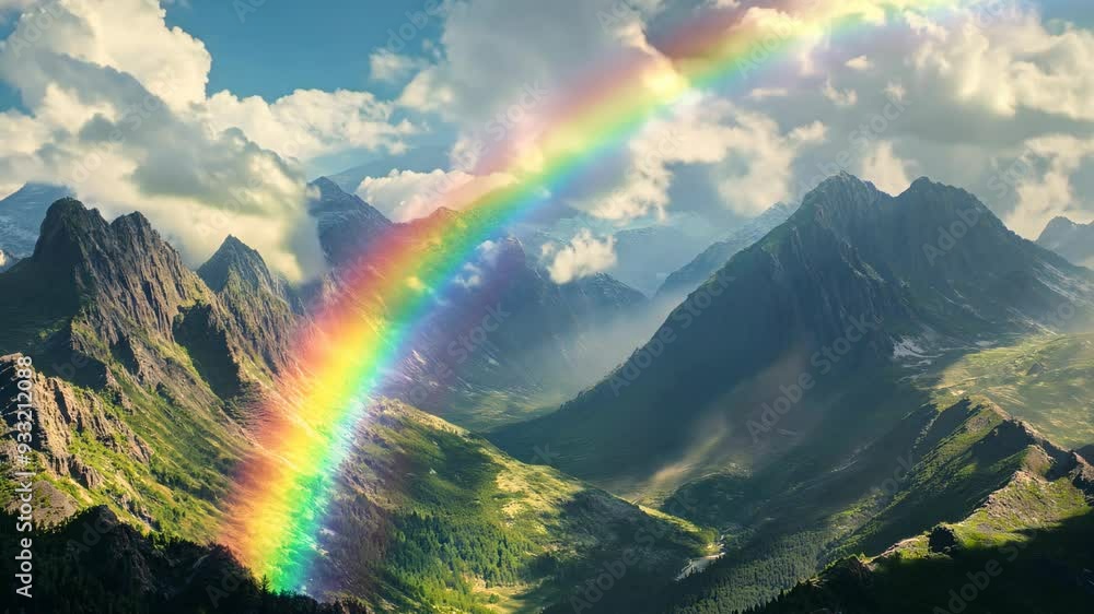 Rainbow over mountains landscape. Peaceful and serene ambiance. Beautiful nature scenery. Timelapse Rainbow over mountains landscape. Peaceful and serene ambiance. Beautiful nature scenery. Timelapse