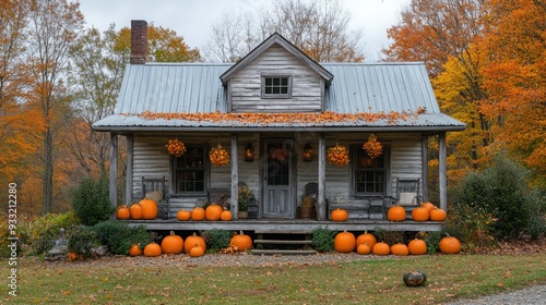 Rustic farmhouse adorned with pumpkins and autumn leaves on a cozy porch photo