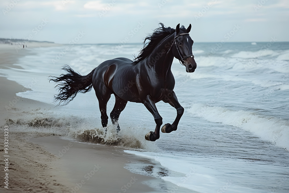 Black horse galloping along the beach Black horse galloping along the beach