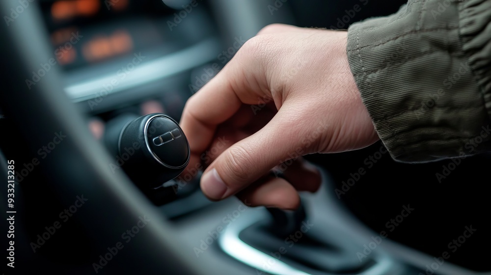 Man's hand switches manual transmission closeup Man's hand switches manual transmission closeup