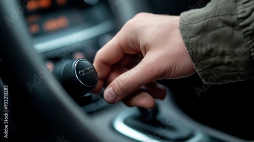 Man's hand switches manual transmission closeup