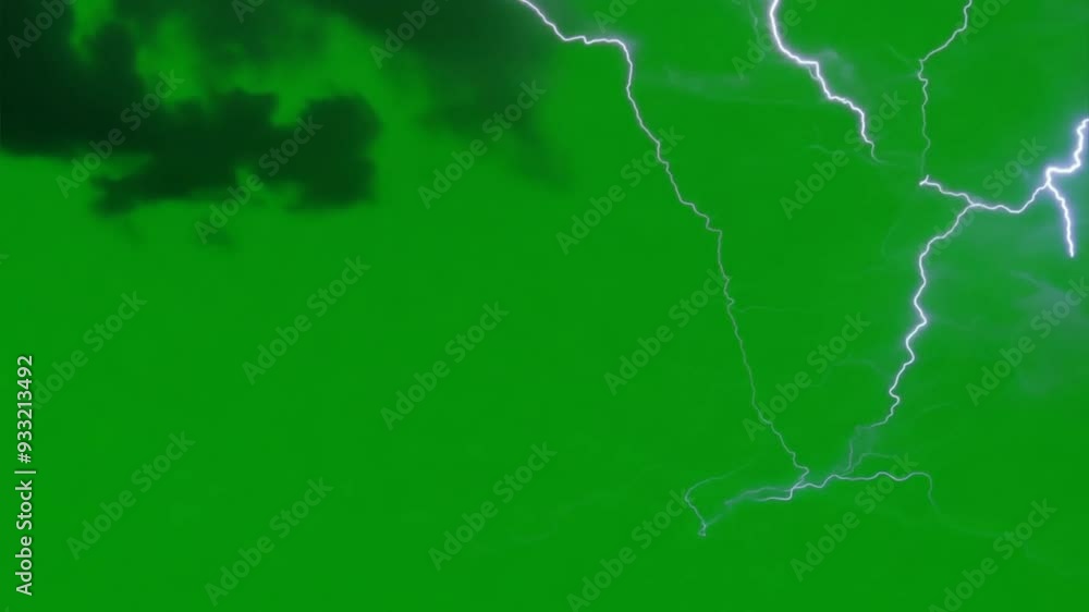 Lightning Strike on Green Screen: Dramatic and vibrant, a powerful lightning bolt streaks across a green screen backdrop, ideal for compositing and special effects.  