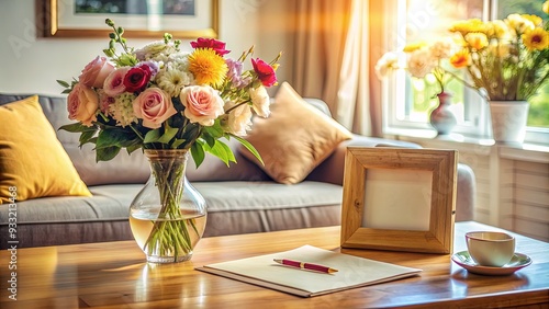 Warm and cozy living room with a vase filled with fresh flowers, a handwritten letter, and a framed photo, evoking a sense of motherly love. photo