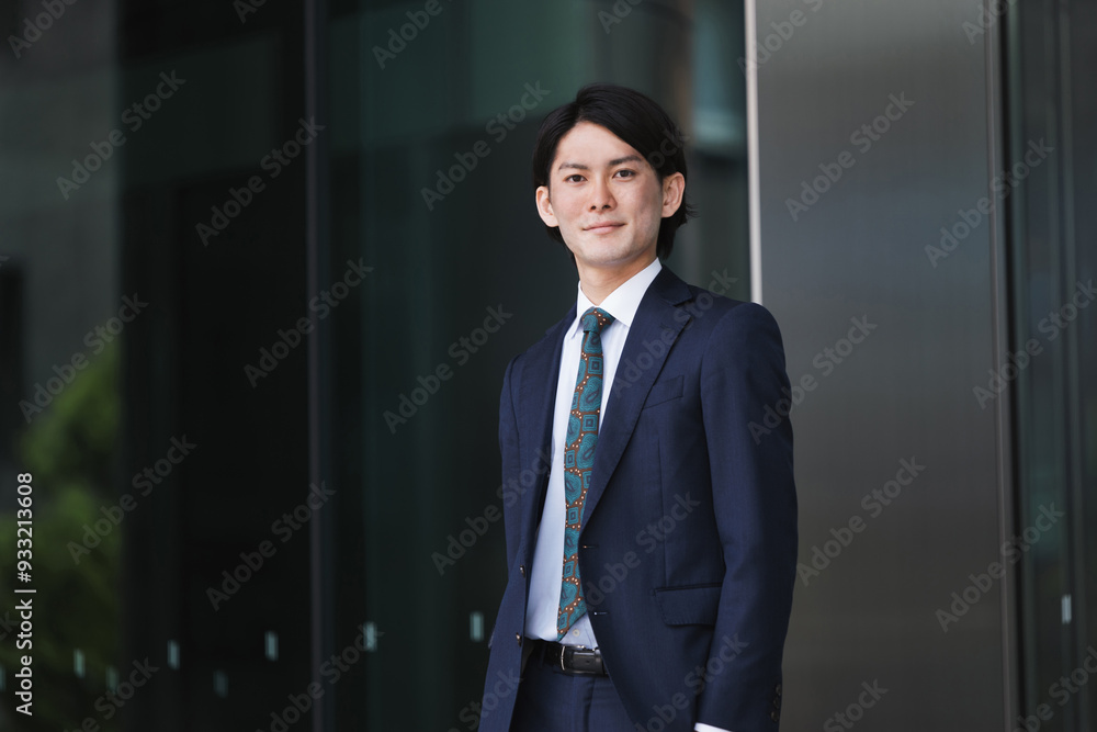 出社する若い男性・マンションのロビー背景・ビジネスイメージ 出社する若い男性・マンションのロビー背景・ビジネスイメージ