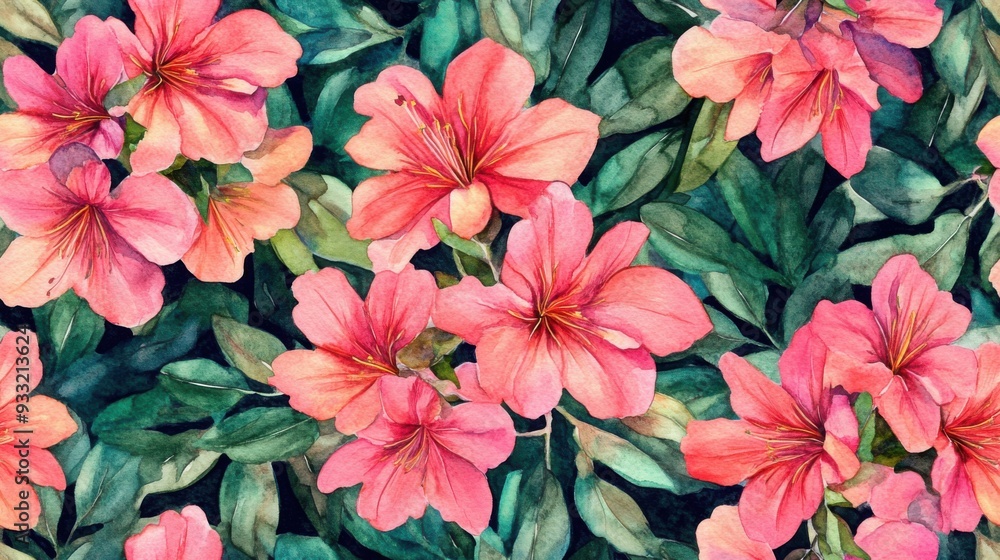 Obraz premium Vibrant watercolor flowers with pink petals and lush green leaves, perfect for floral designs and nature-themed projects.