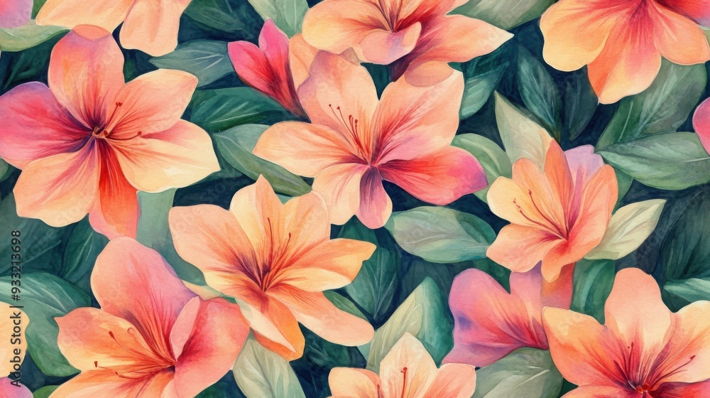 Vibrant floral pattern featuring pink and orange flowers surrounded by lush green leaves, perfect for spring-themed designs. Vibrant floral pattern featuring pink and orange flowers surrounded by lush green leaves, perfect for spring-themed designs.