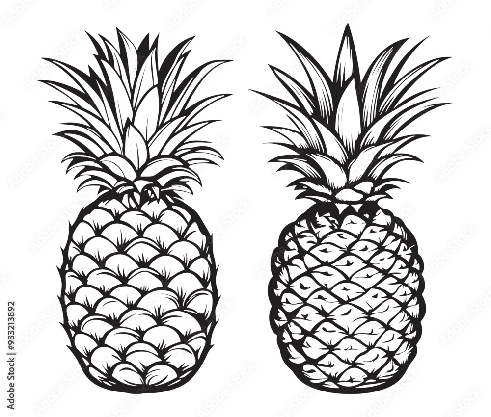 set of pineapple fruit silhouette line art vector set of pineapple fruit silhouette line art vector