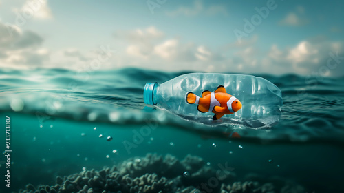 A small clownfish trapped inside a plastic water bottle floating in the ocean. The bottle bobbing on the surface of the water