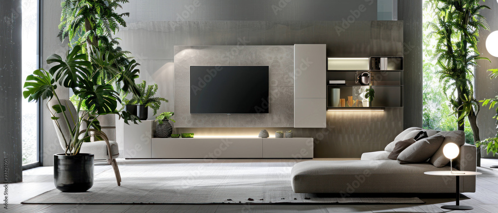 Modern living room with sleek design, featuring large TV, stylish furniture, and lush indoor plants, creating serene and inviting atmosphere. Modern living room with sleek design, featuring large TV, stylish furniture, and lush indoor plants, creating serene and inviting atmosphere.