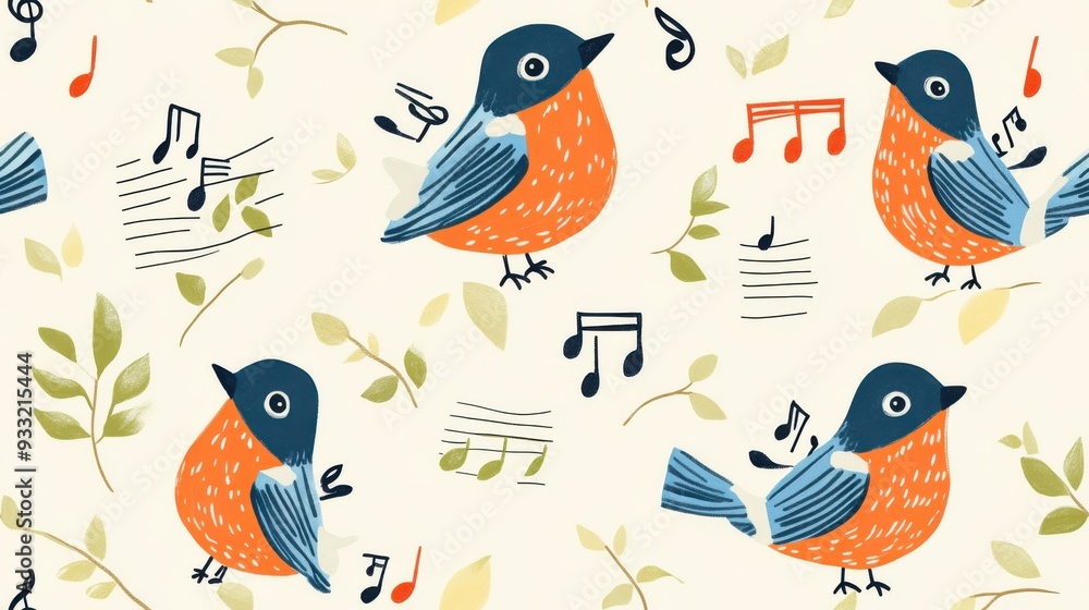Fototapeta premium A charming illustration of singing birds surrounded by musical notes and leaves, perfect for nature-themed designs.