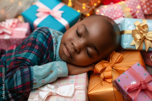 Soft cushions support serene girl's peaceful dreams and restful warmth. Soft light bathes girl serene warmth she rests tranquility. Child peaceful slumber allegorically represents simple pure dreams. photo