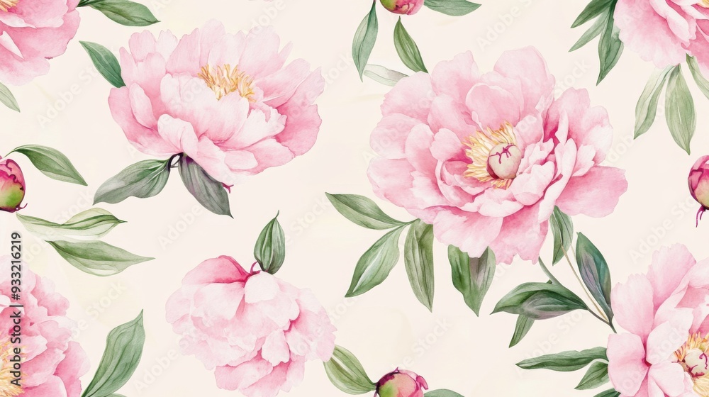 Obraz premium Beautiful watercolor peony floral pattern on a soft cream background, perfect for textiles, wallpapers, and elegant designs.