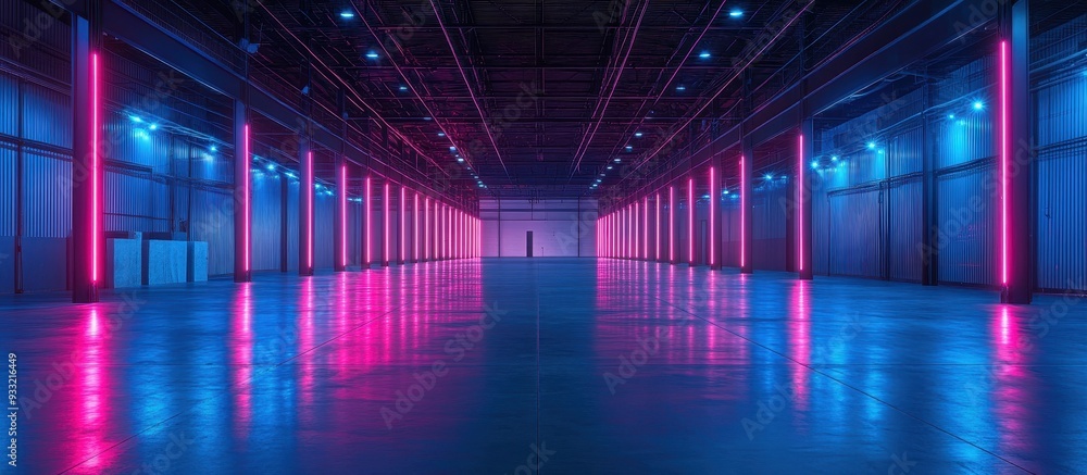 Fototapeta premium Futuristic Warehouse Interior with Neon Pink and Blue Lighting Creating a Modern and High-Tech Atmosphere