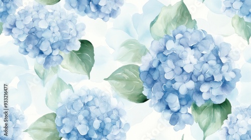 Beautiful watercolor pattern featuring delicate blue hydrangeas and soft green leaves, perfect for floral designs and backgrounds.