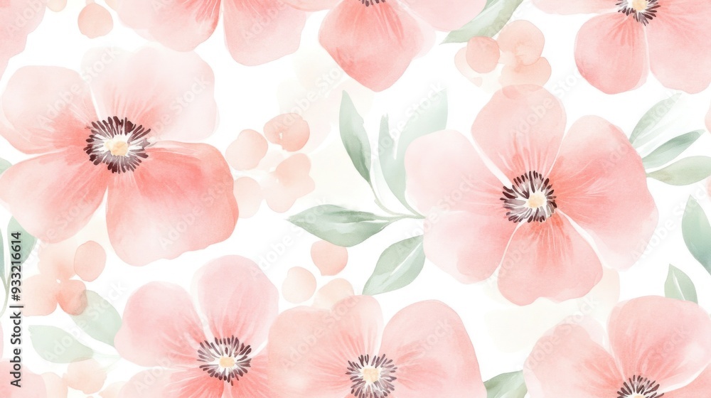 Fototapeta premium A beautiful watercolor floral pattern featuring soft pink flowers and delicate green leaves, perfect for elegant designs.
