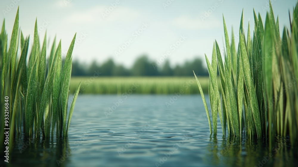 Obraz premium Serene Wetland Oasis with Stunning Gemstone Reeds by the Water's Edge, Ideal for Copy Space, 8K Resolution High Detail
