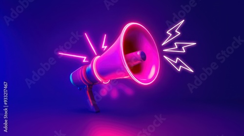 Neon pink and purple megaphone with lightning bolts symbolizing sales promotion and excitement, vibrant marketing, advertising concept