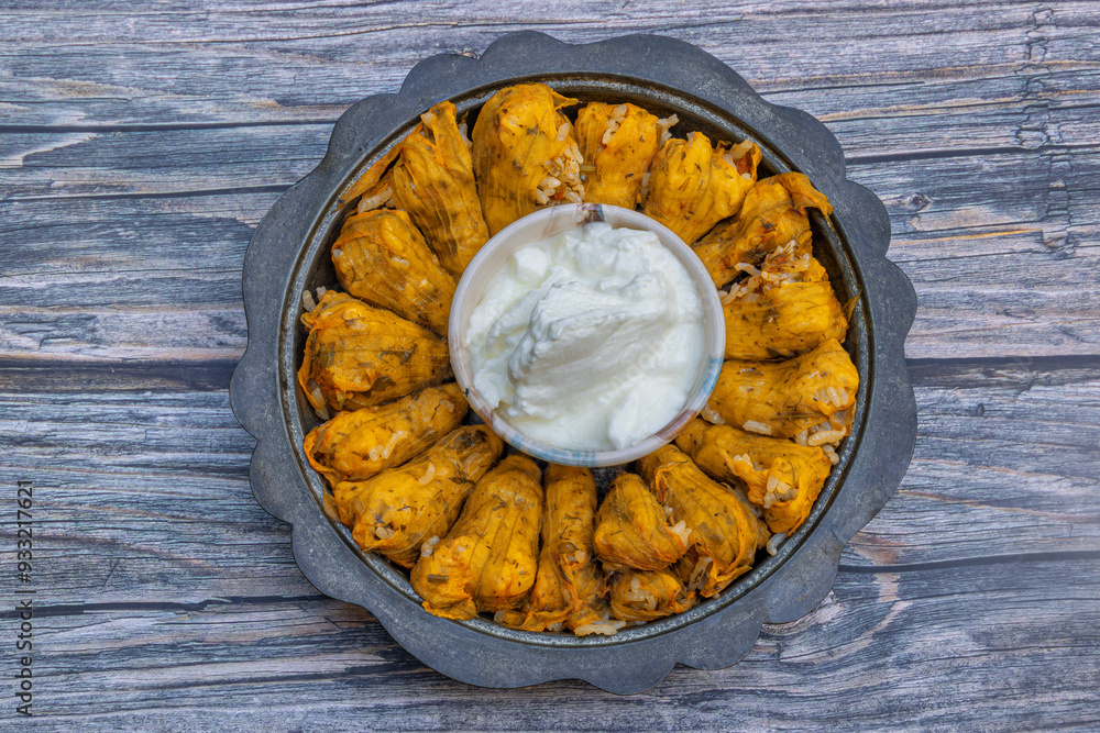 Traditional delicious Turkish - Greek cuisine, Turkish food; Stuffed zucchini flowers (Turkish name; kabak cicegi dolmasi)