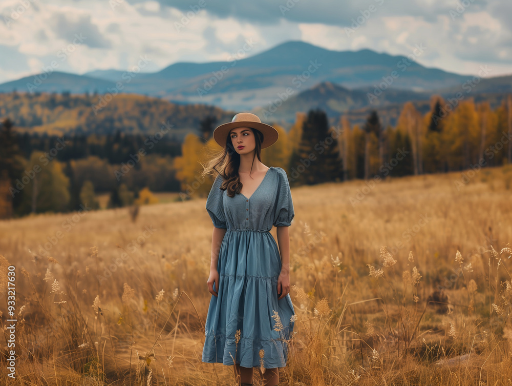 Beautiful young healthy woman wearing blue dress and hat walking on autumn meadow