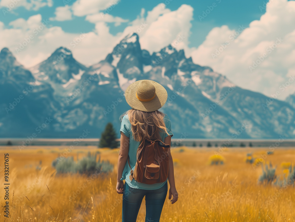 Tourist happy carefree woman enjoying freedom against autumn field meadow, mountain and sky cloud background. Holiday vacation and travel concept Tourist happy carefree woman enjoying freedom against autumn field meadow, mountain and sky cloud background. Holiday vacation and travel concept