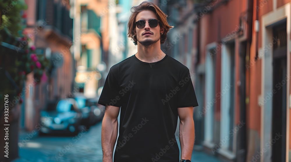 Fototapeta premium Young Model Shirt Mockup, Boy wearing black t-shirt on street in daylight, Shirt Mockup Template on hipster adult for design print, Male guy wearing casual t-shirt mockup placement.