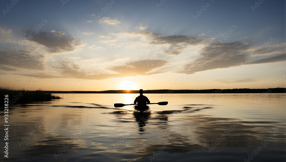 A silhouette of a man paddling a kayak on a tranquil river A silhouette of a man paddling a kayak on a tranquil river