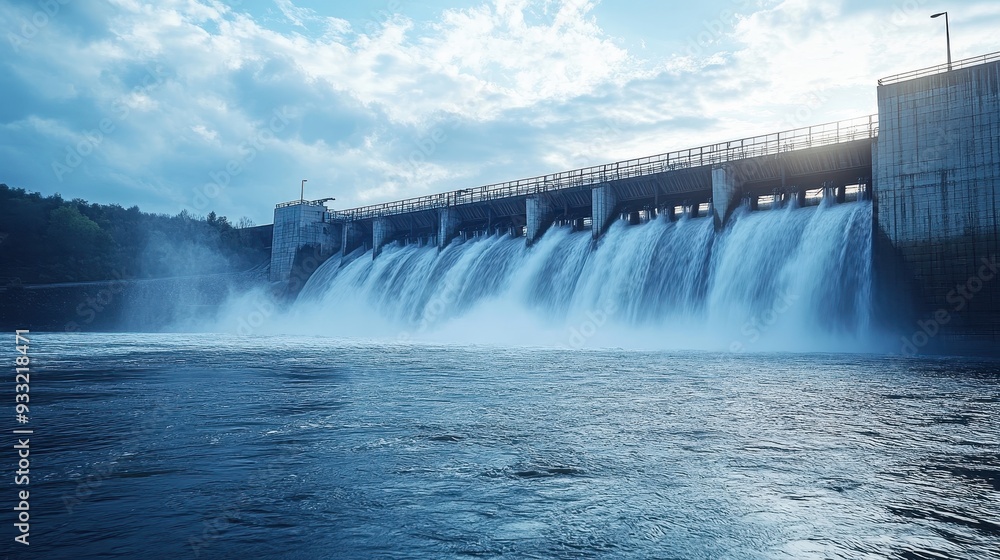 Stunning Hydroelectric Dam with Flowing Water and Blue Sky in the Background Stunning Hydroelectric Dam with Flowing Water and Blue Sky in the Background