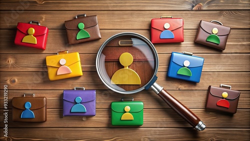 Colorful icons of briefcases, resumes, and laptops surround a magnifying glass on a wooden desk, symbolizing efficient job searching and recruitment process. photo