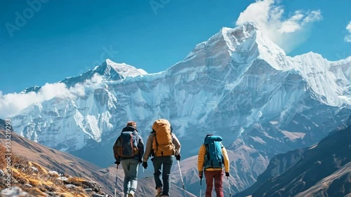 Three people are hiking up a mountain with backpacks. The mountain is covered in snow and the sky is clear