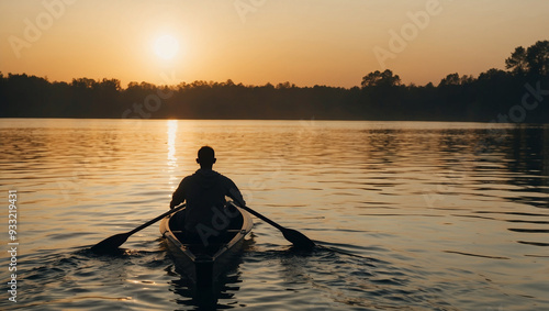 Silhouette of a man rowing a boat across a lake at sunrise