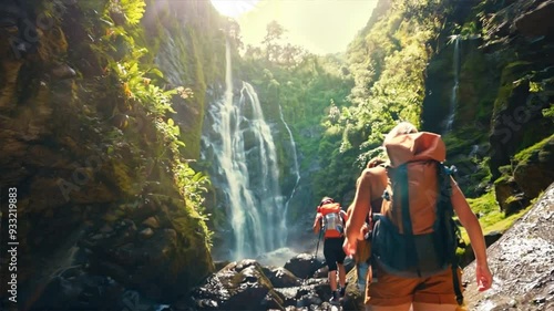 Three women are hiking through a forest and one of them is carrying a backpack. The scene is peaceful and serene, with the sound of water flowing in the background