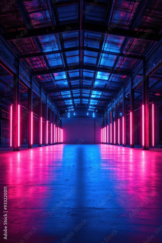 Fototapeta premium Futuristic Industrial Warehouse with Neon Pink and Blue Lighting, Empty Interior Space
