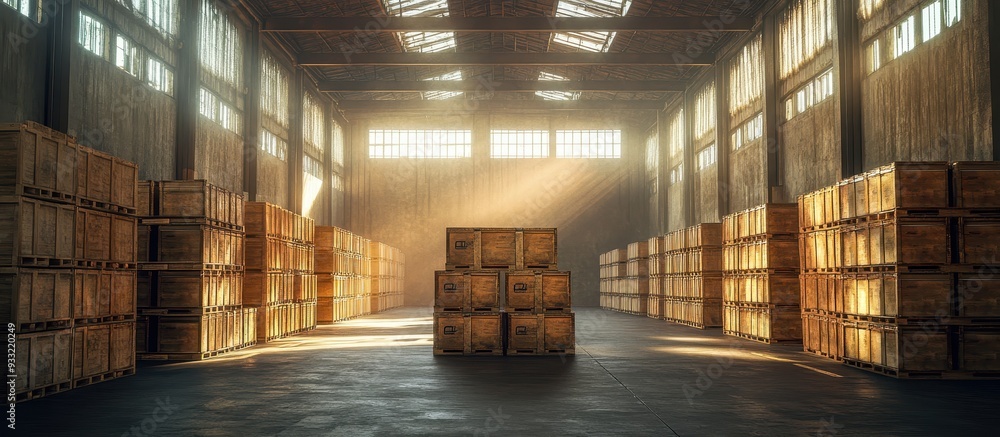 Sunlit Industrial Warehouse Interior with Stacked Wooden Crates and Beams of Light Sunlit Industrial Warehouse Interior with Stacked Wooden Crates and Beams of Light
