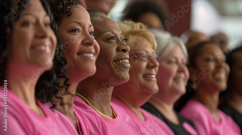 Breast cancer survivors standing shoulder to shoulder in pink t-shirts
