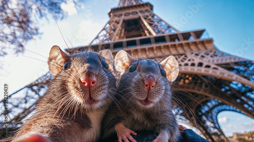 two rats on vacation in Paris take a selfie in front of the Eiffel Tower