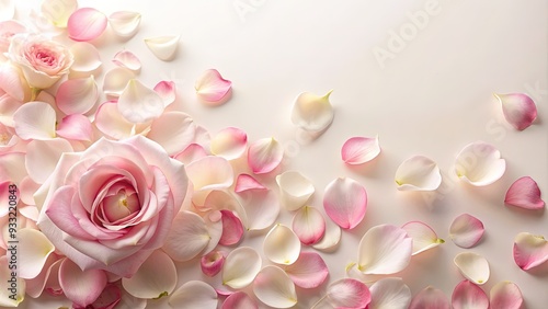 Delicate pink rose petals scattering across a soft, creamy white background, creating a romantic, whimsical atmosphere with gentle, curved lines and subtle texture.