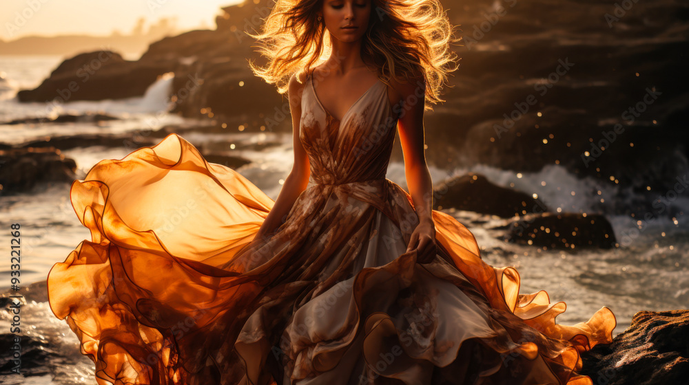 Woman in flowing dress by the ocean at sunset Woman in flowing dress by the ocean at sunset