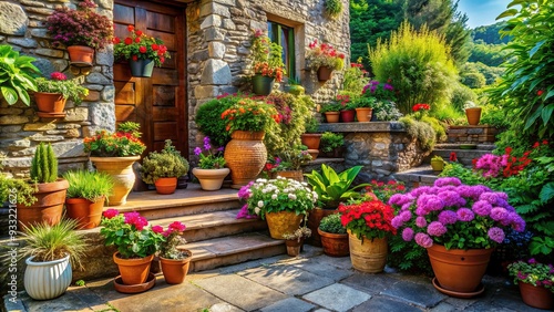 Vibrant potted plants with varying textures and colors thrive on a sunny patio, surrounded by natural stone and wooden accents, creating a peaceful outdoor oasis.