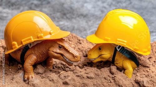 Fototapeta Naklejka Na Ścianę i Meble -  Dinosaurs in construction hats exploring a miniature site under natural light