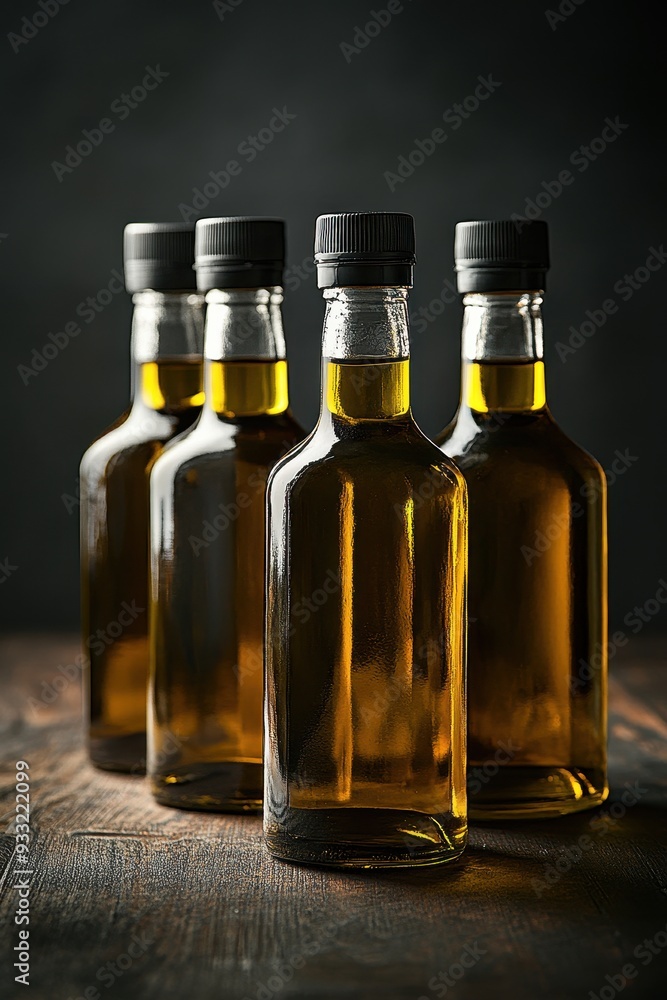 Five Glass Bottles of Olive Oil on Wooden Table with Dark Background in Studio Lighting Five Glass Bottles of Olive Oil on Wooden Table with Dark Background in Studio Lighting